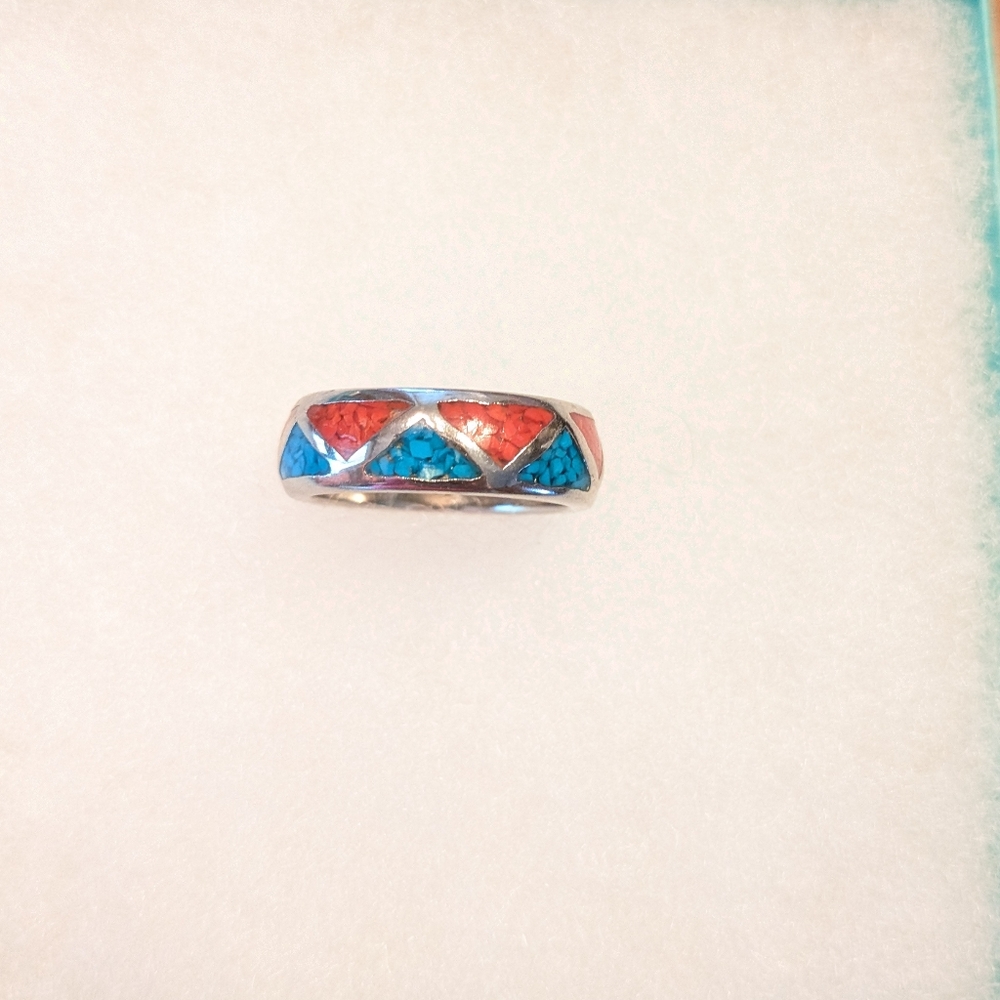 Navajo Turquoise & Coral Chip Inlay Silver Band Ring Size 8